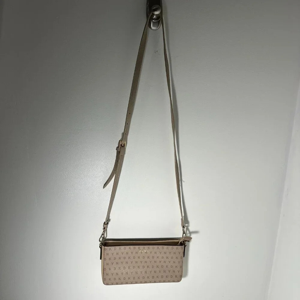 DKNY Bryant Logo Monogram Crossbody mini Bag Taupe Beige
